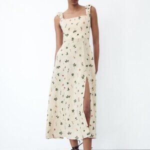 NWT Zara Embroidered Linen Midi Dress - Ecru - Size M